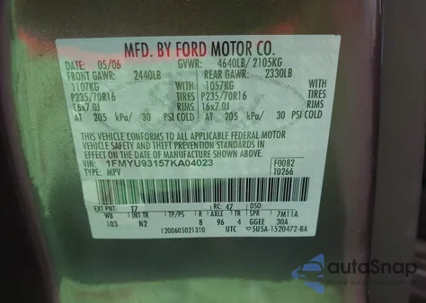 2007 Ford Escape Xlt/Xlt Sport z USA, uszkodzony, nr VIN 1FMYU93157KA04023